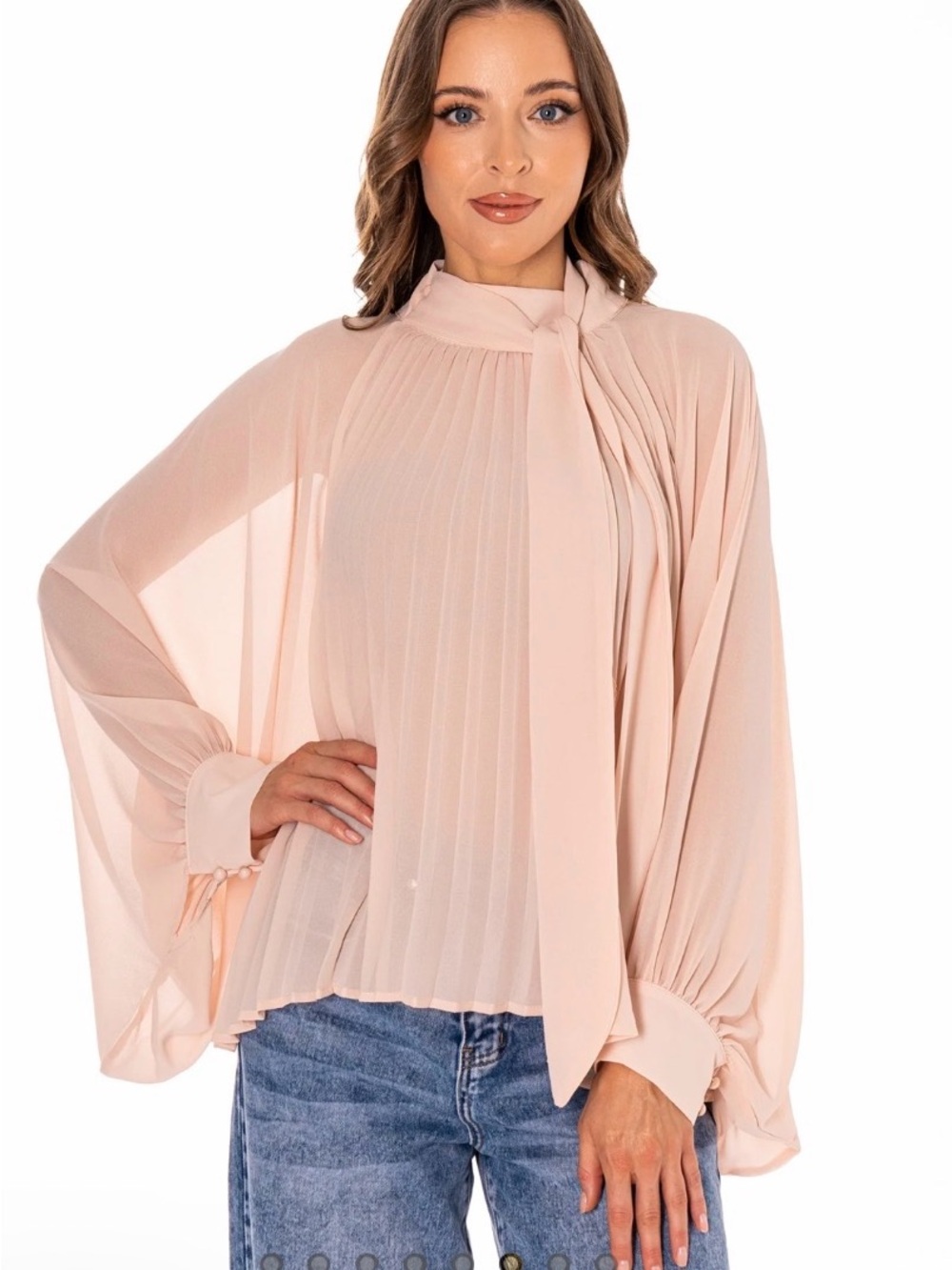 Pleated Tie-Neck Blouse in Light Blush
